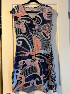 Title Nine Navy, Pink & Light Blue Abstract Print V‑Neck Dress
